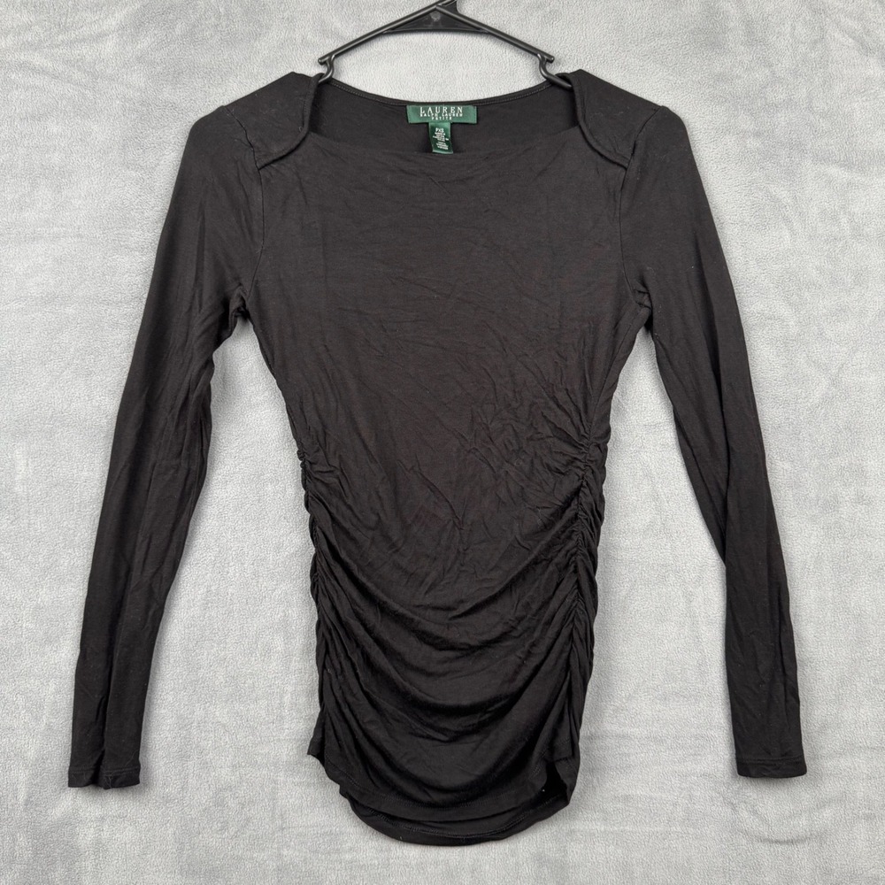 Lauren Ralph Lauren Petite Black Ruched Long‎ Sleeve Knit Top Size PXS